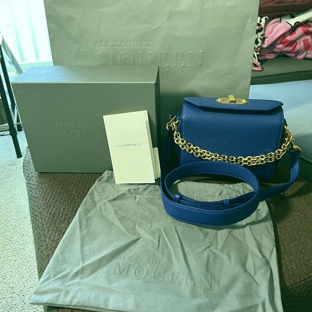 Alexander McQueen Goatskin Box Shoulder Bag 16 Cobalt Blue Gold HW Pristine
